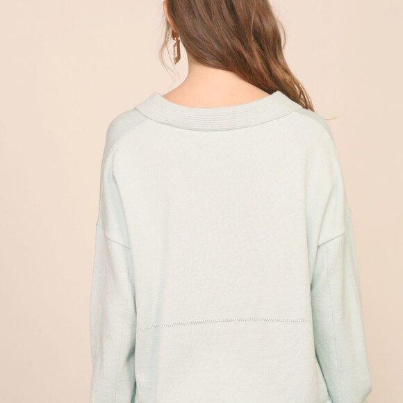 LUMIERE Light Mint Green Collared Pullover Sweatshirt Casual Chic Long Sleeve - Picture 3 of 6